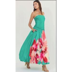 Hutch x Anthropologie Strapless Ruched Drop-Waist Maxi Dress Green Size 2